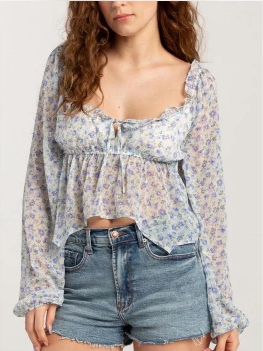 Tilly’s Full Tilt Floral Fairy Blouse with bow tie front and ruffle detail
